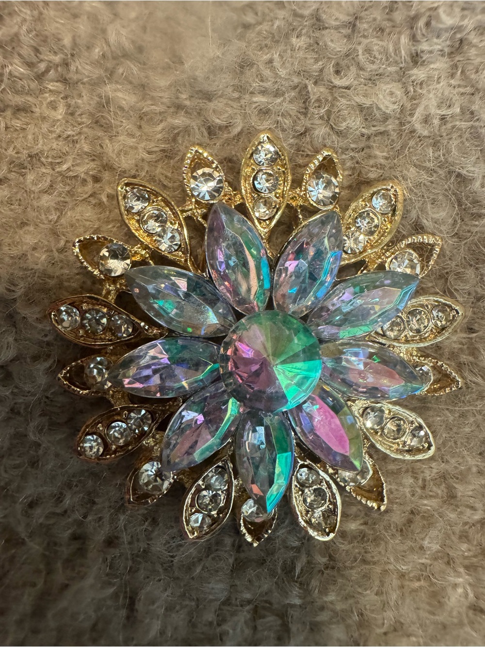 Iridescent Crystal Flower Brooch - Gold Tone